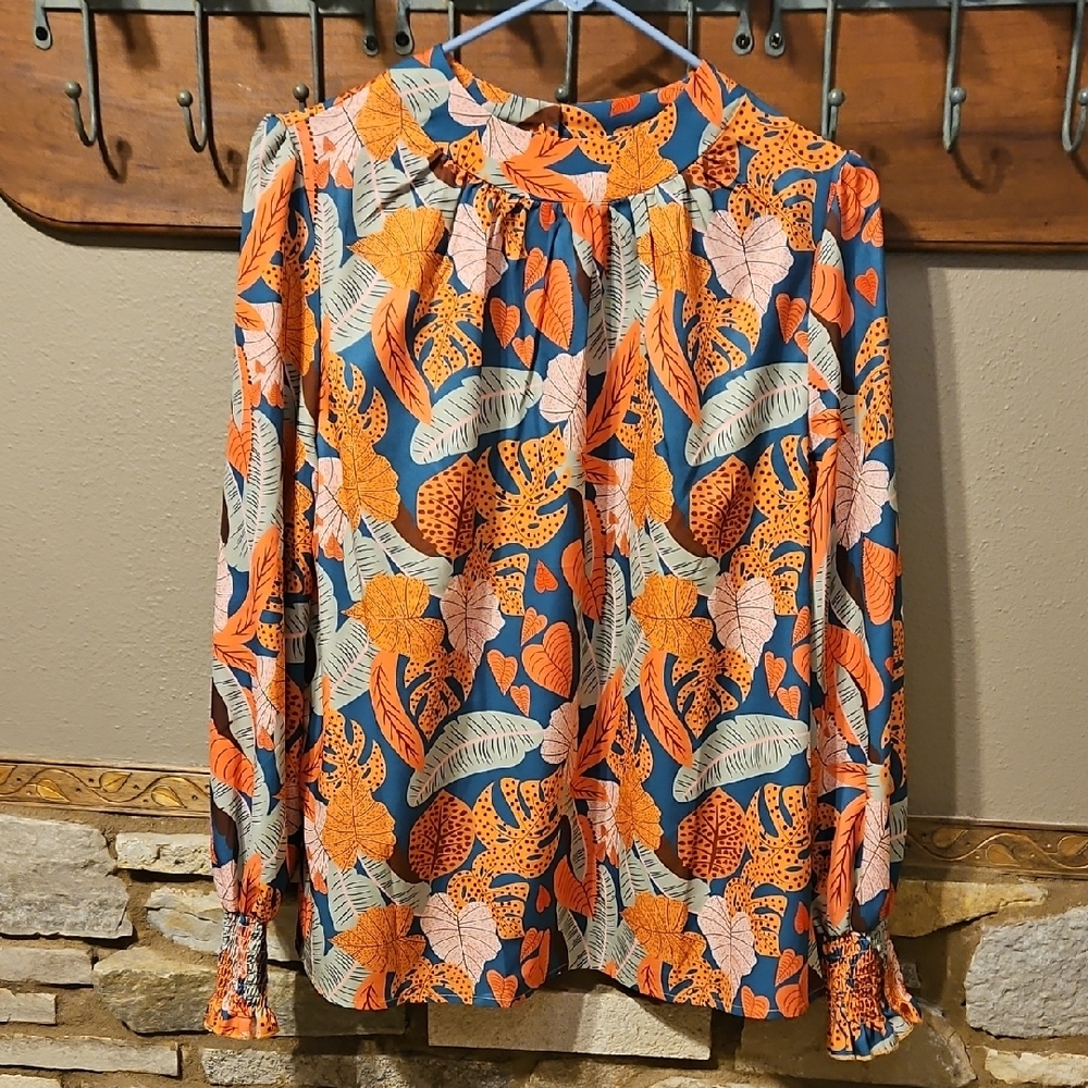 Fall Leaf Print Women's Blouse Top Size Large
